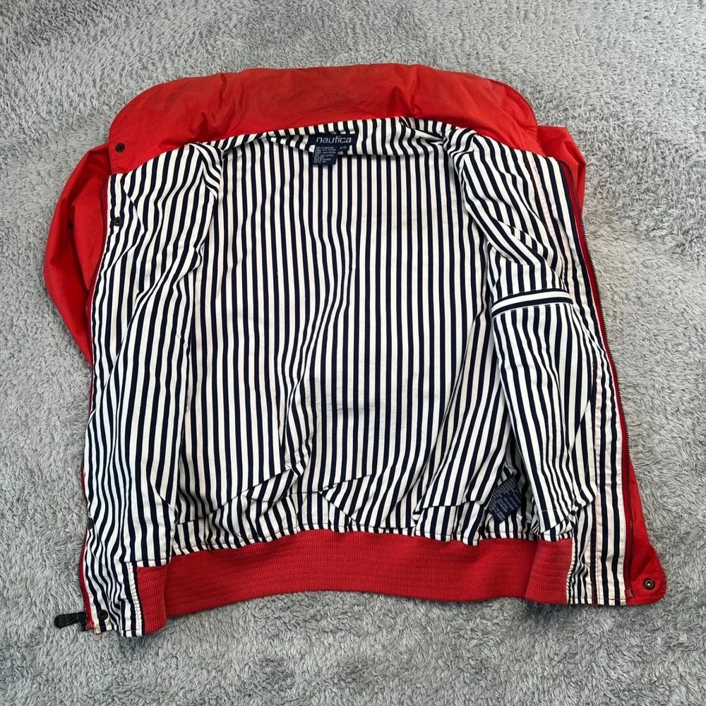 Vintage Nautica Harrington Red Full Zip Hooded Bomber Jacket L Striped Lining